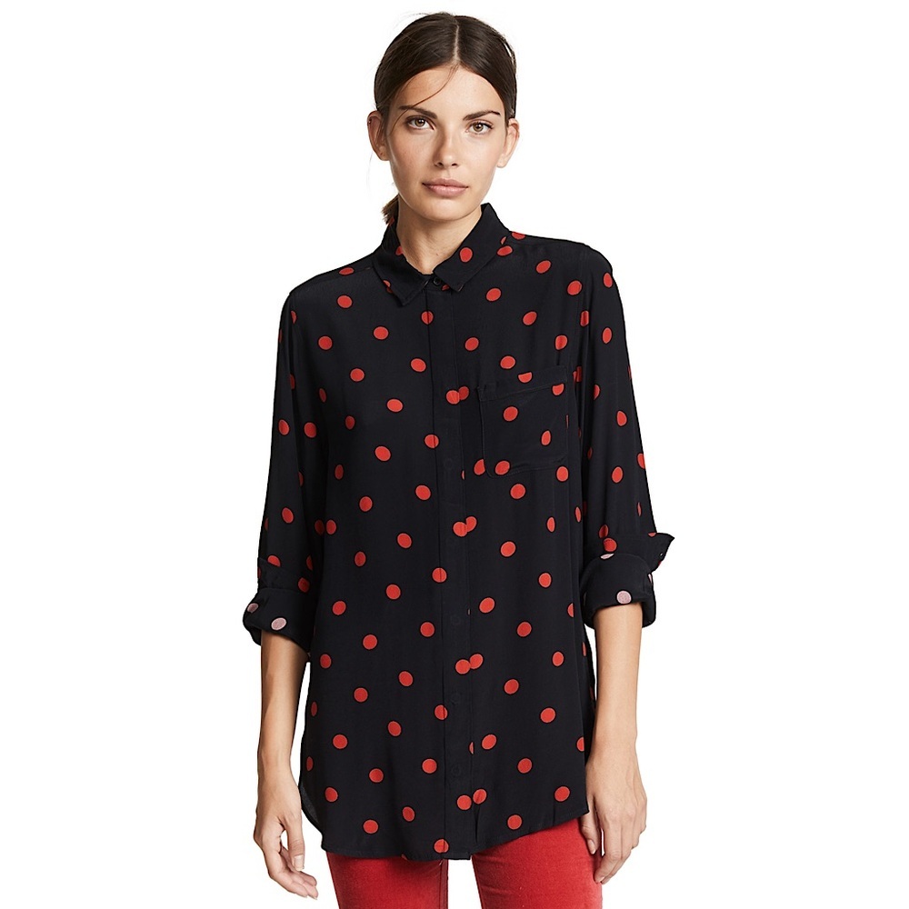 GANNI Polka Dot Crepe Long Sleeve Button Up Relaxed Fit Collared Tunic Shirt‎ 6